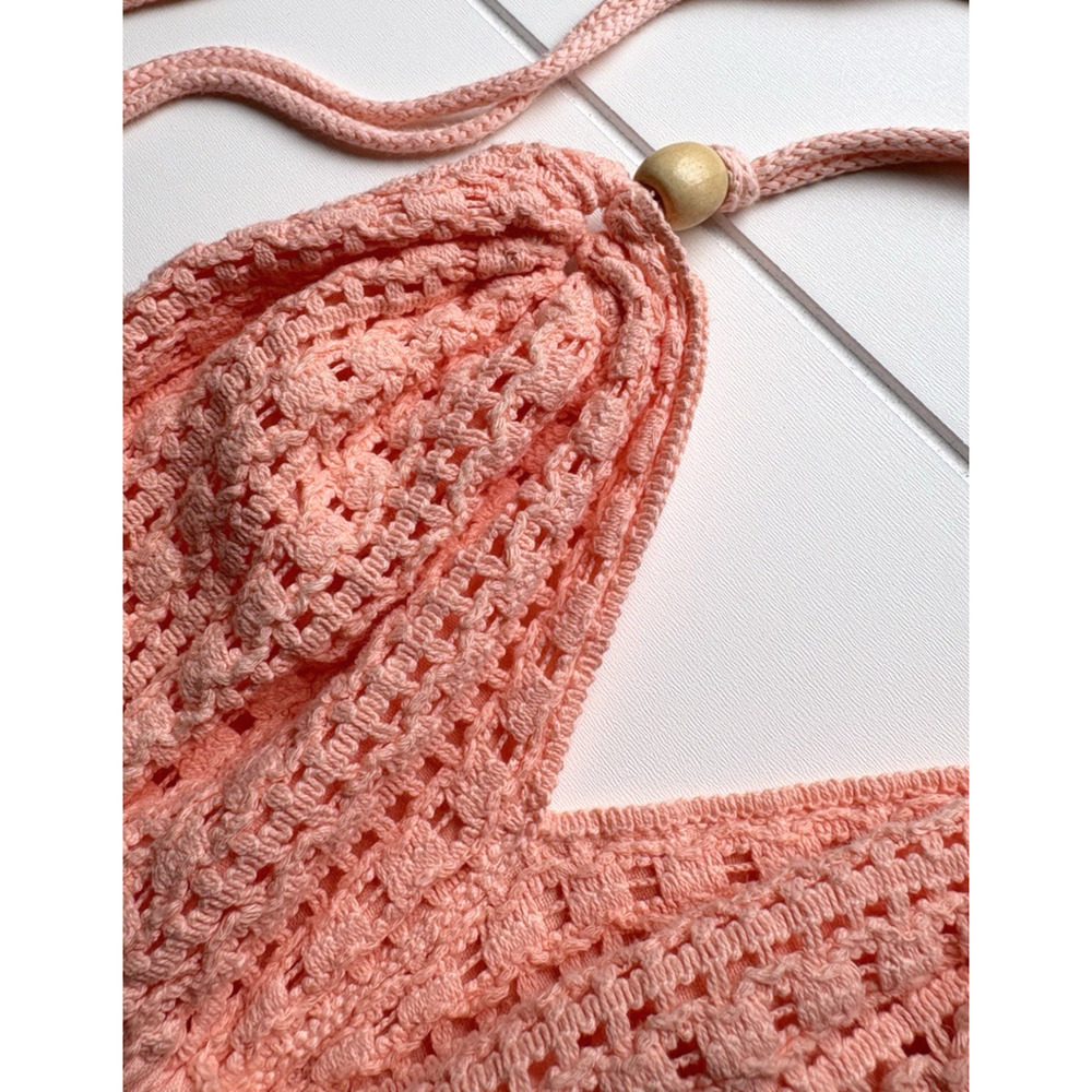 Blanco Coral Pink Crochet Lace Halter Mini Dress Size S Smocked Boho Cottagecore - Picture 7 of 12